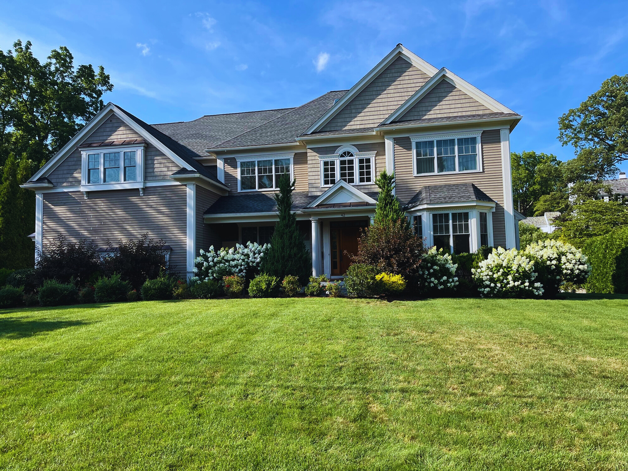 Well-maintained front yard with green grass and healthy